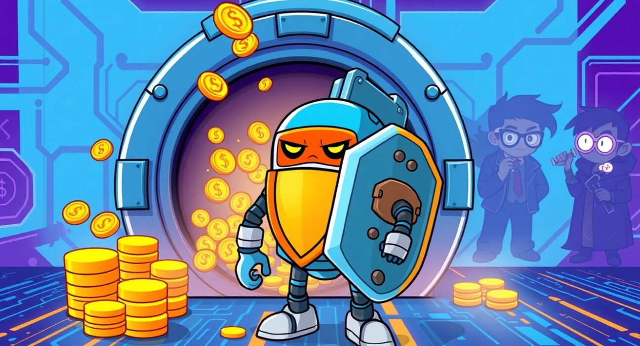 Cartoon illustration of the USPD exploit showing a breached digital vault.