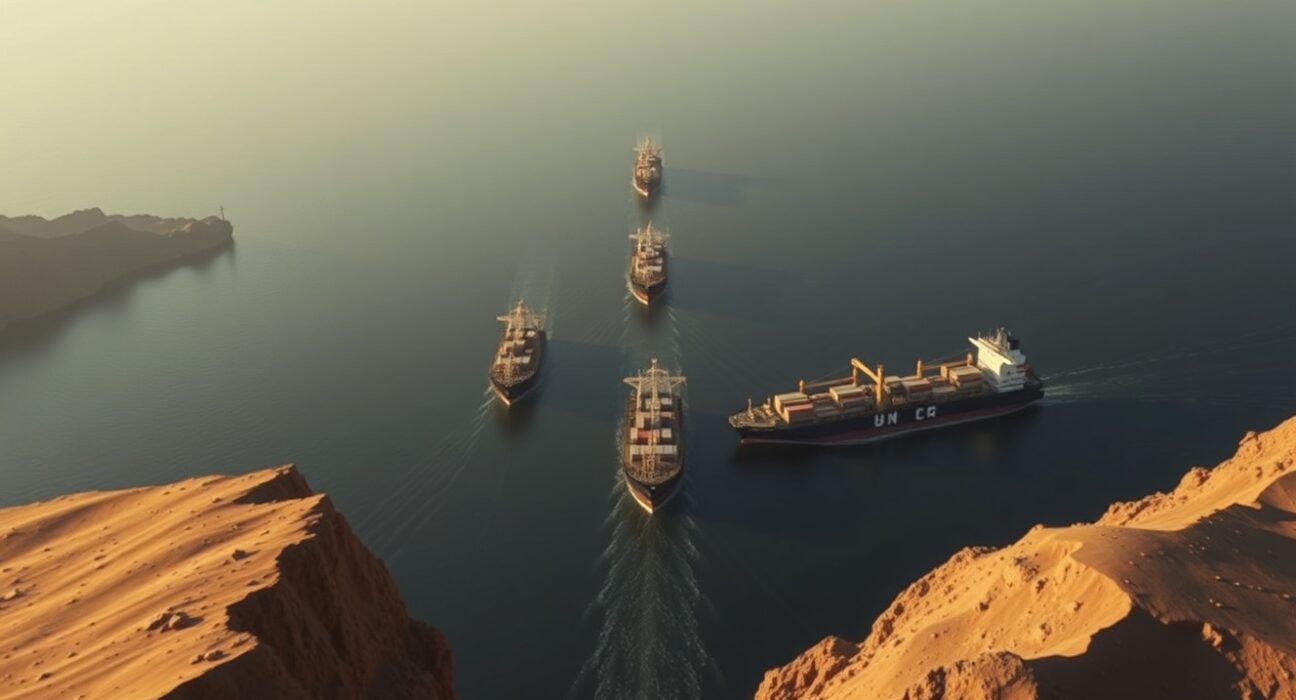 Oil tankers and cargo ships navigating the Strait of Hormuz at sunset, a critical global trade chokepoint.
