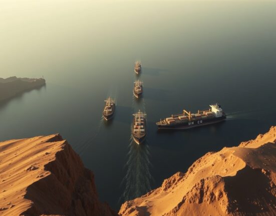 Oil tankers and cargo ships navigating the Strait of Hormuz at sunset, a critical global trade chokepoint.