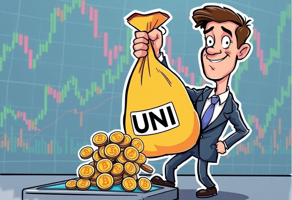 Cartoon illustrating a large USV UNI sale, showing a venture capitalist strategically offloading UNI tokens into the market.