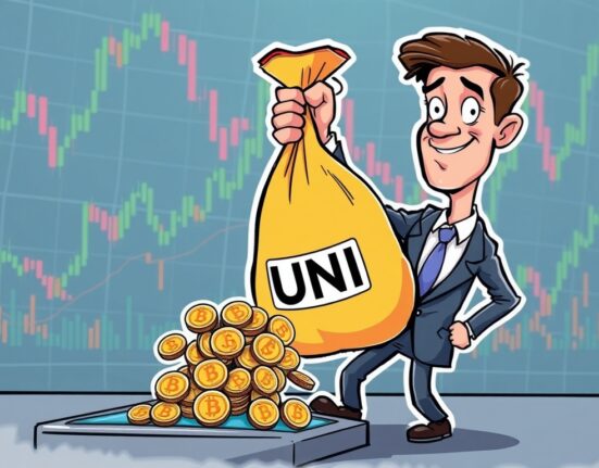 Cartoon illustrating a large USV UNI sale, showing a venture capitalist strategically offloading UNI tokens into the market.