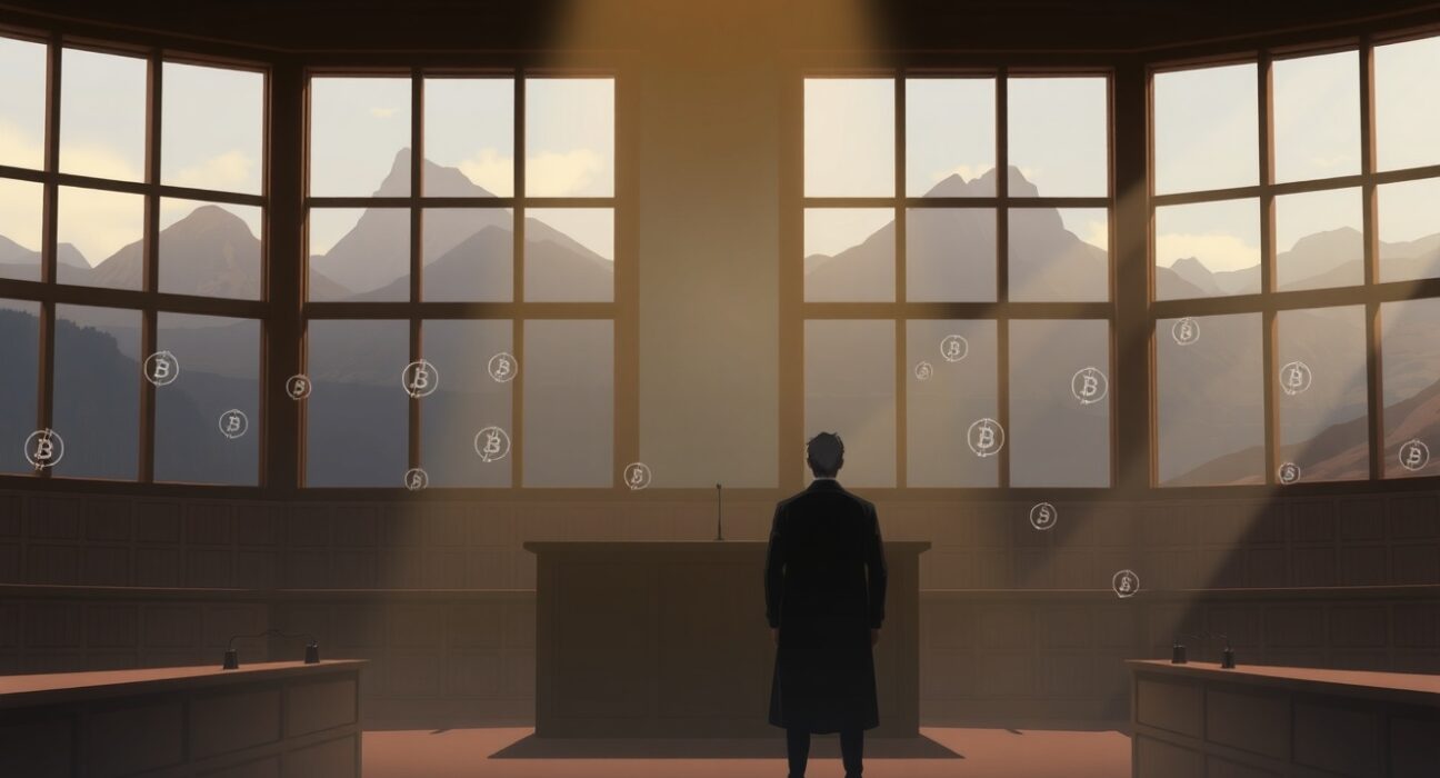 Courtroom scene representing the Utah cryptocurrency fraud sentencing case and legal consequences.