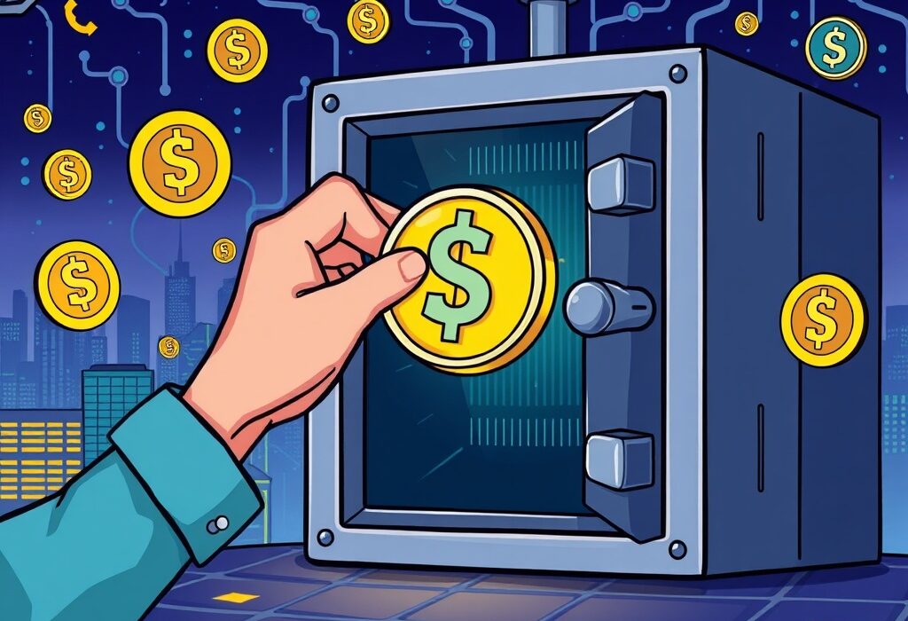Cartoon illustration of Utila's $22M funding boosting secure stablecoin infrastructure development.