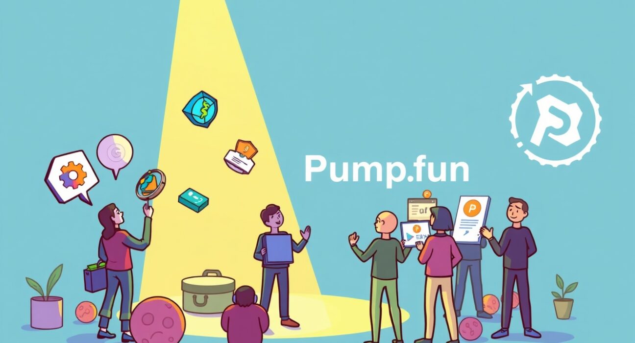 A cartoon illustration showing a spotlight illuminating diverse utility tokens, symbolizing Pump.fun's new program boosting their visibility and growth.