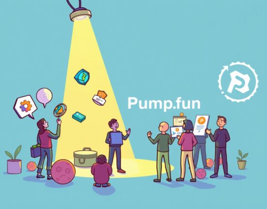 A cartoon illustration showing a spotlight illuminating diverse utility tokens, symbolizing Pump.fun's new program boosting their visibility and growth.