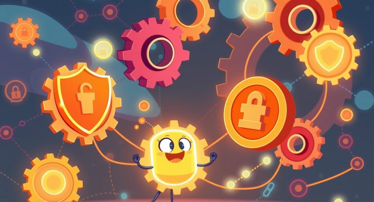 A cartoon illustration depicting secure digital agents connecting across a blockchain network, symbolizing UXLINK's adoption of the ERC-8004 standard for enhanced trust.