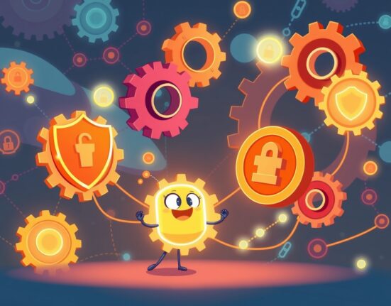 A cartoon illustration depicting secure digital agents connecting across a blockchain network, symbolizing UXLINK's adoption of the ERC-8004 standard for enhanced trust.