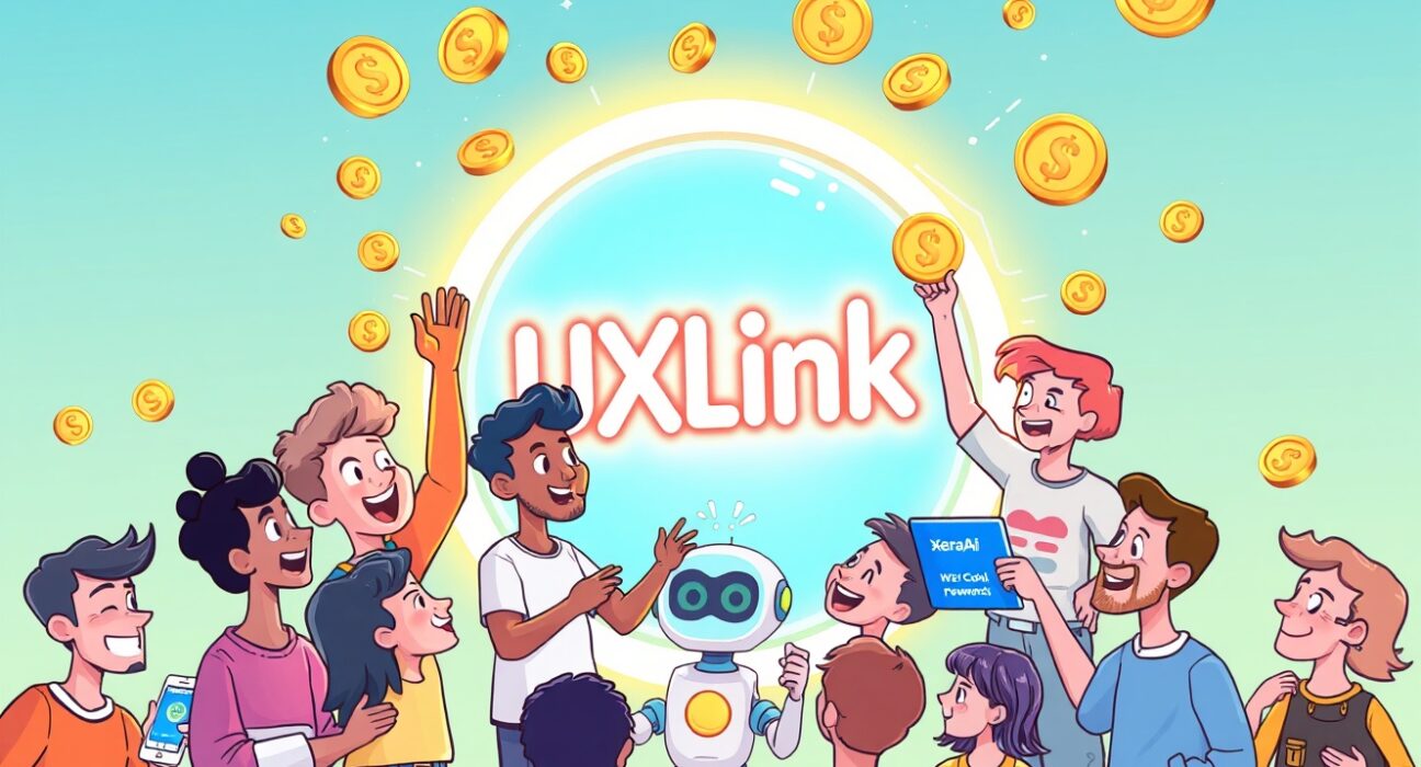 Cartoon illustration showing users engaging with the UXLink platform, symbolizing the exciting opportunities in the UXLink airdrop Season Five.