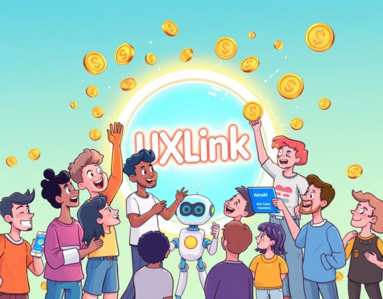 Cartoon illustration showing users engaging with the UXLink platform, symbolizing the exciting opportunities in the UXLink airdrop Season Five.
