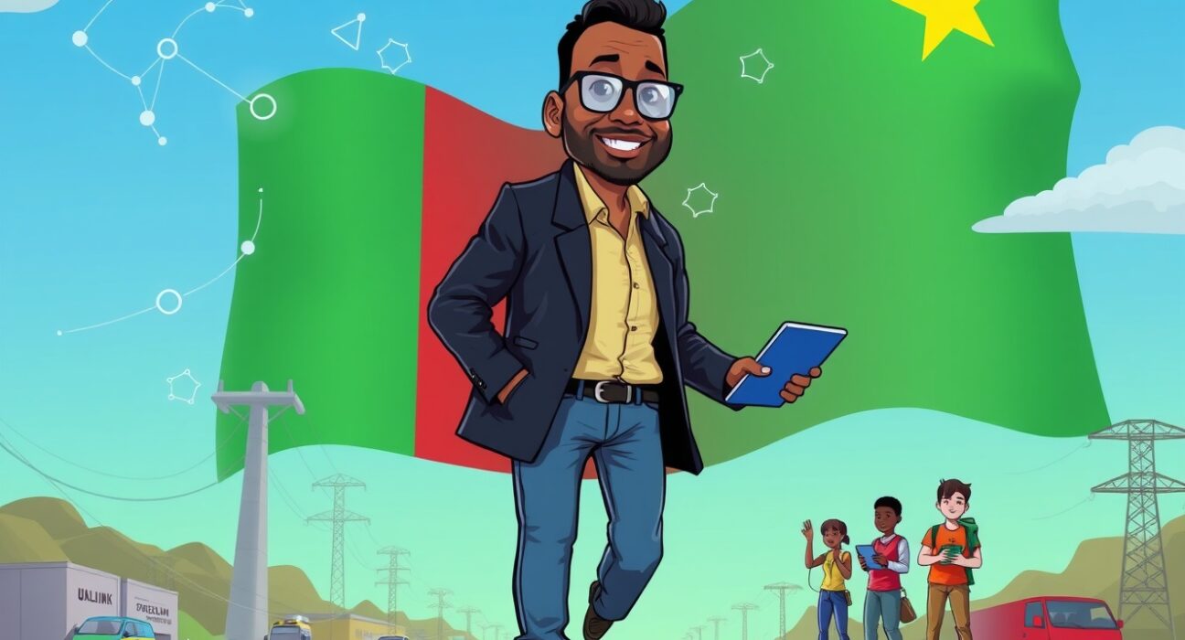 Cartoon of UXLINK CEO Rolland Saf leading Cameroon's digital transformation, symbolizing his 2032 presidential platform.