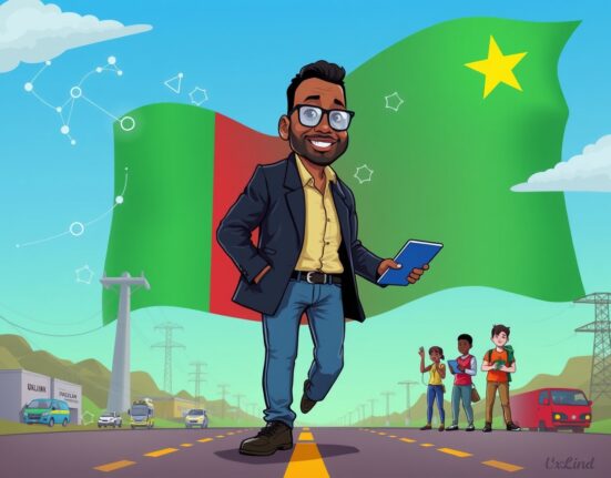 Cartoon of UXLINK CEO Rolland Saf leading Cameroon's digital transformation, symbolizing his 2032 presidential platform.