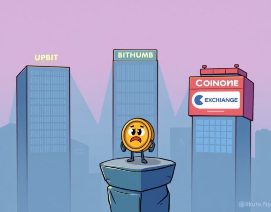 A small UXLINK token faces an urgent delisting review by large Korean crypto exchanges, symbolizing critical concerns.