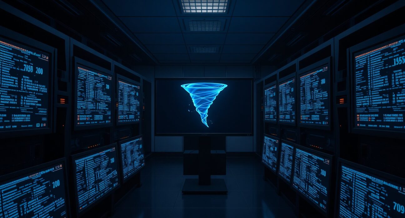 Dark server room with monitors showing blockchain data and a digital tornado symbol