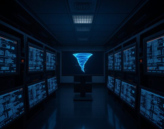 Dark server room with monitors showing blockchain data and a digital tornado symbol