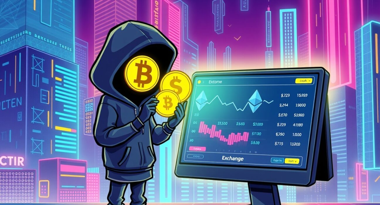 A cartoon UXLINK hacker executing a multi-million dollar cryptocurrency transaction on a decentralized exchange.