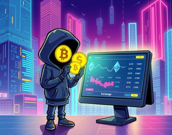 A cartoon UXLINK hacker executing a multi-million dollar cryptocurrency transaction on a decentralized exchange.