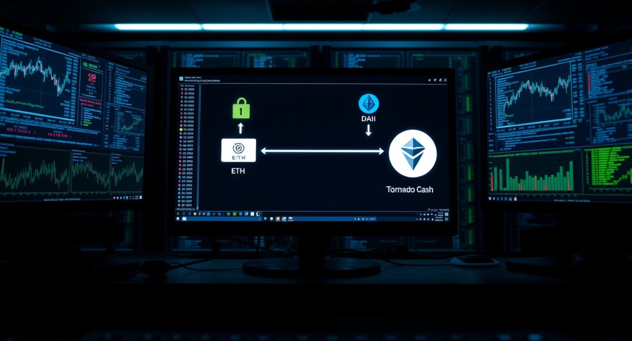 Blockchain monitors showing a crypto transaction flow from DAI to ETH to Tornado Cash in a dark server room.