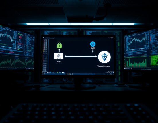 Blockchain monitors showing a crypto transaction flow from DAI to ETH to Tornado Cash in a dark server room.