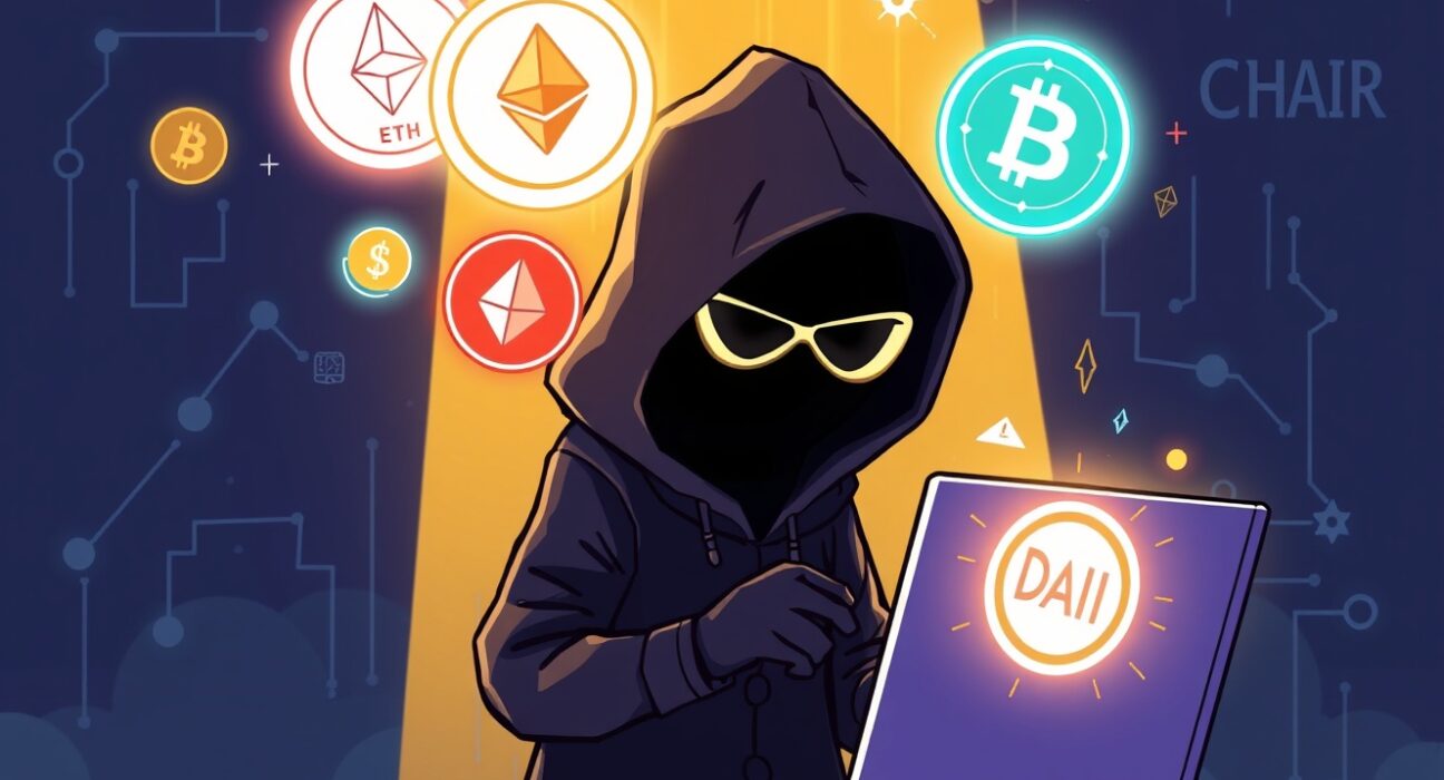 A cartoon illustration showing a UXLINK hacker performing a large cryptocurrency swap on a digital screen.