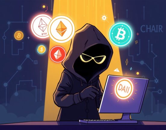 A cartoon illustration showing a UXLINK hacker performing a large cryptocurrency swap on a digital screen.