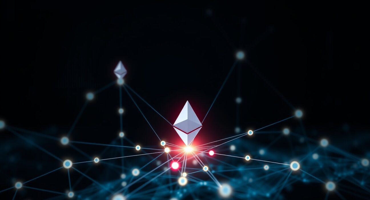 Blockchain network visualization representing the UXLINK exploit and subsequent ETH transaction.