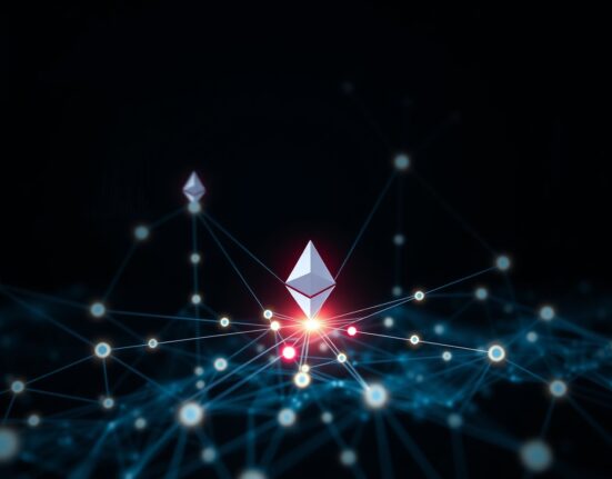 Blockchain network visualization representing the UXLINK exploit and subsequent ETH transaction.