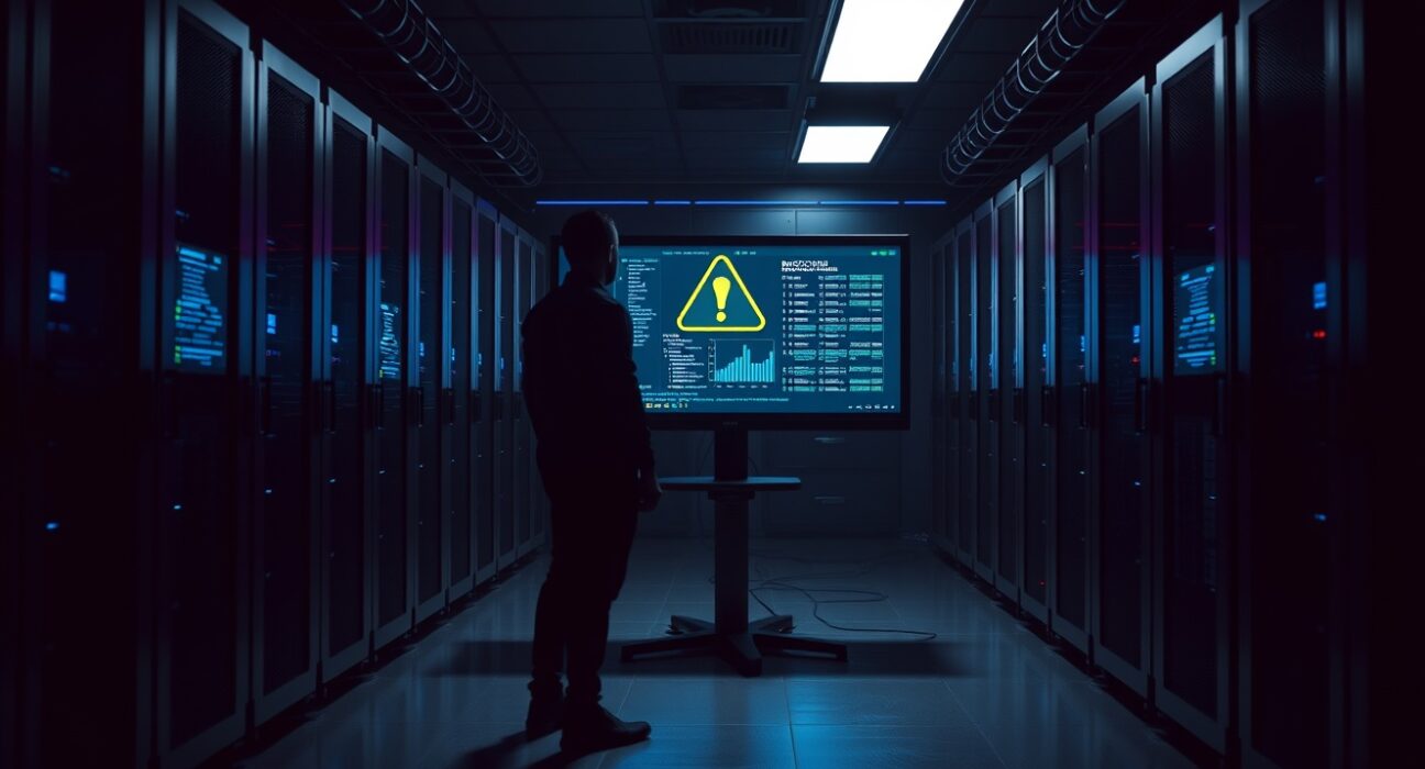 Dark server room with monitors showing blockchain transaction data and an alert symbol