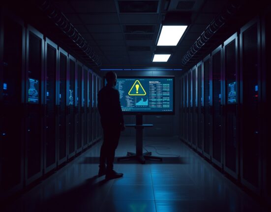 Dark server room with monitors showing blockchain transaction data and an alert symbol
