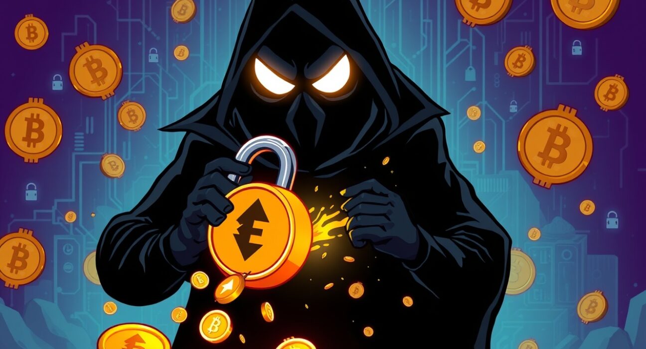 Cartoon illustration of a shadowy UXLink hacker amidst digital assets, representing a major token sale and market impact.