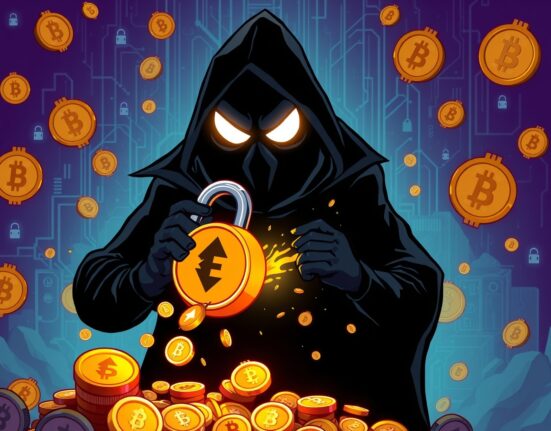 Cartoon illustration of a shadowy UXLink hacker amidst digital assets, representing a major token sale and market impact.
