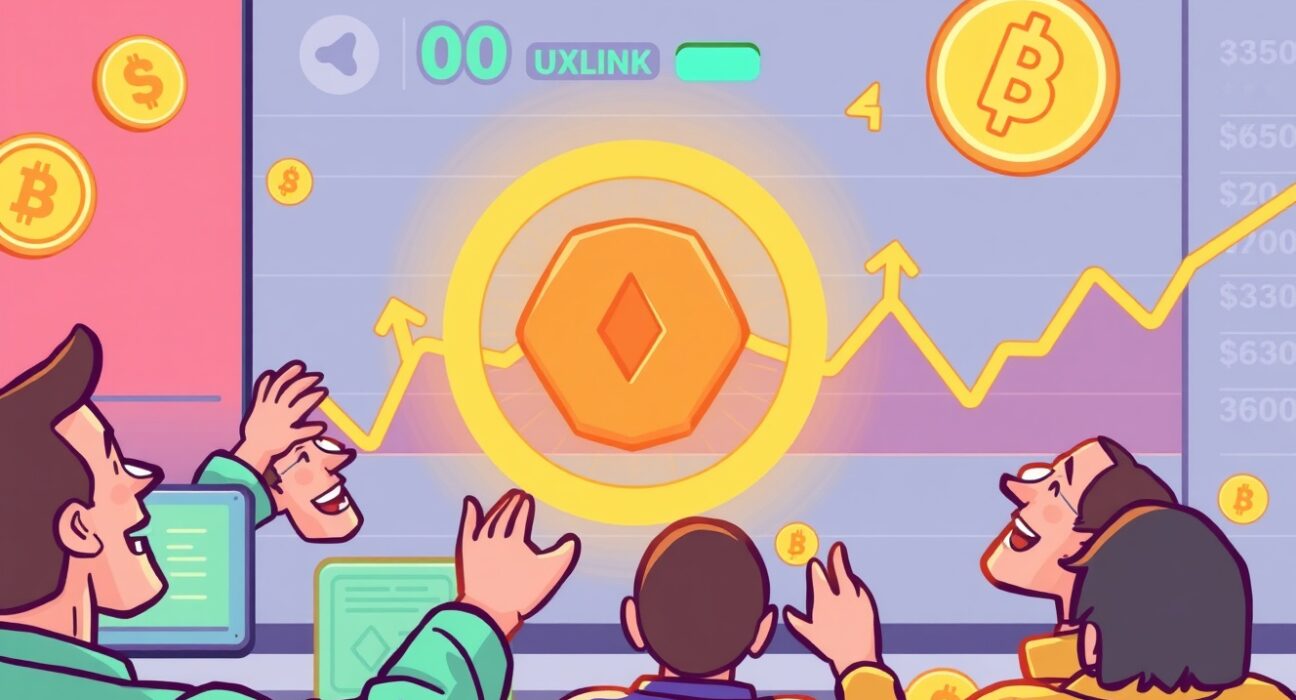 Illustration of traders celebrating the new UXLINK listing on a crypto exchange, symbolizing market excitement and accessibility.