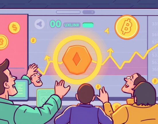 Illustration of traders celebrating the new UXLINK listing on a crypto exchange, symbolizing market excitement and accessibility.