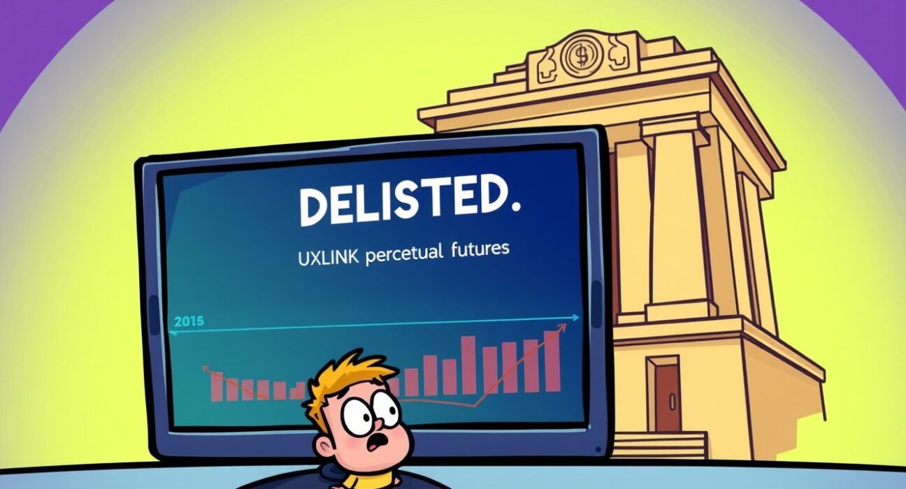 A trader observes the delisting of UXLINK perpetual futures on a screen, illustrating the immediate impact on their crypto portfolio.