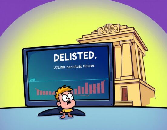 A trader observes the delisting of UXLINK perpetual futures on a screen, illustrating the immediate impact on their crypto portfolio.