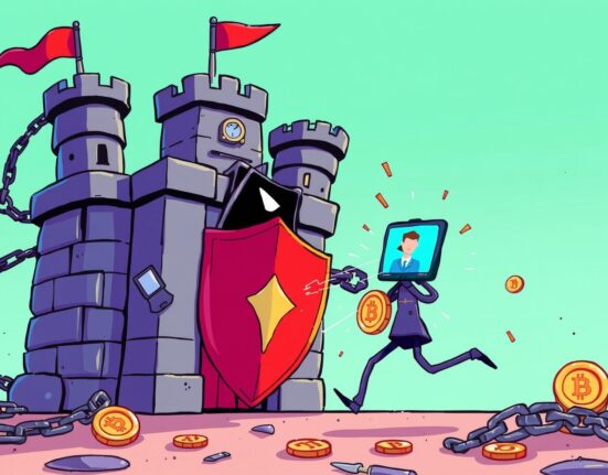 Cartoon illustration of UXLINK rug pull denial showing a digital shield defending against a deepfake hack attack.