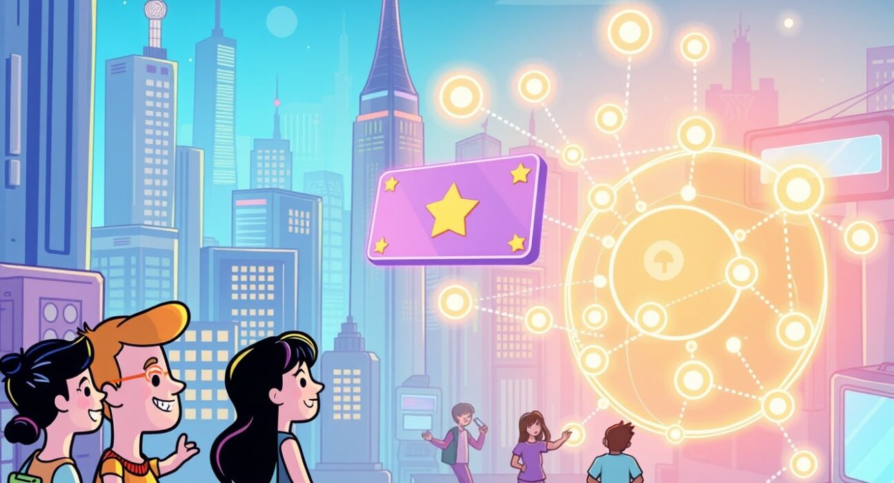 A vibrant cartoon scene symbolizing UXLINK Season 6 connecting users to a seamless Web3 ecosystem for daily use.