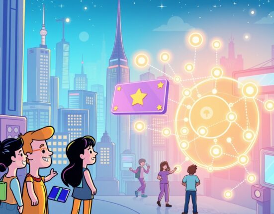 A vibrant cartoon scene symbolizing UXLINK Season 6 connecting users to a seamless Web3 ecosystem for daily use.