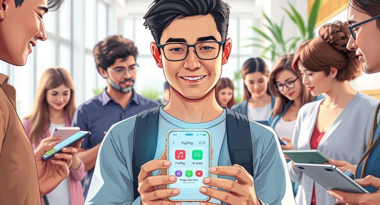 People using the UXLINK Web3 social platform and FujiPay in a modern setting, representing mass adoption.