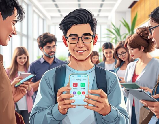 People using the UXLINK Web3 social platform and FujiPay in a modern setting, representing mass adoption.