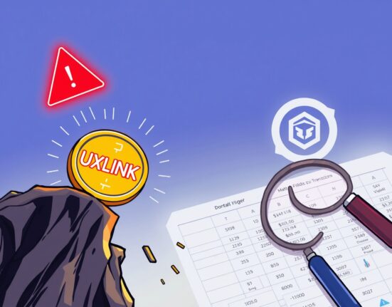 Cartoon showing a UXLINK coin falling dramatically, symbolizing the financial impact of the recent UXLINK security alert.