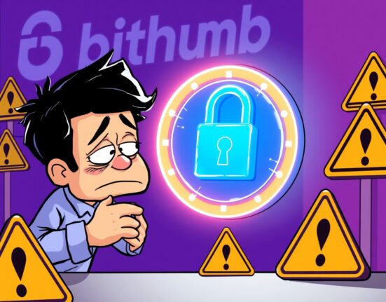A cartoon showing Bithumb protecting investors by investigating UXLINK security concerns.