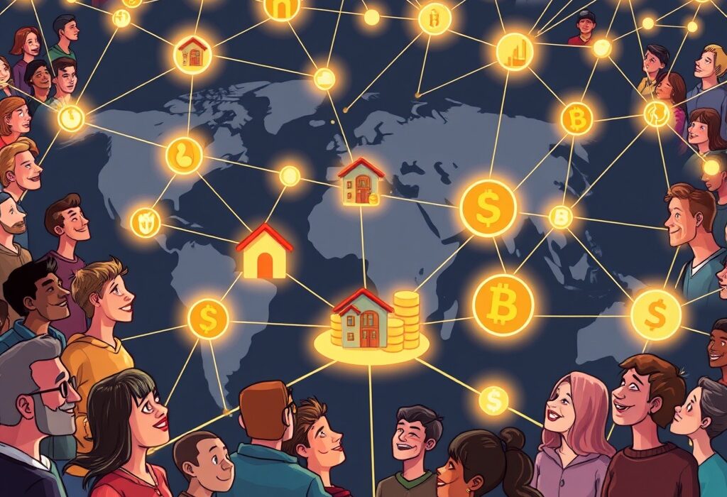 Cartoon showing social infrastructure connecting users and facilitating the distribution of real-world assets and stablecoins.