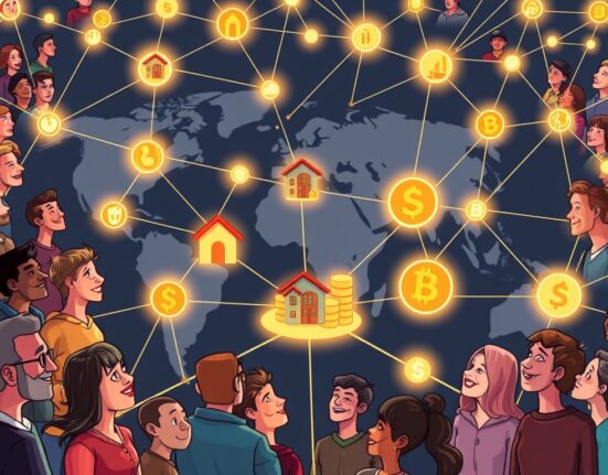 Cartoon showing social infrastructure connecting users and facilitating the distribution of real-world assets and stablecoins.