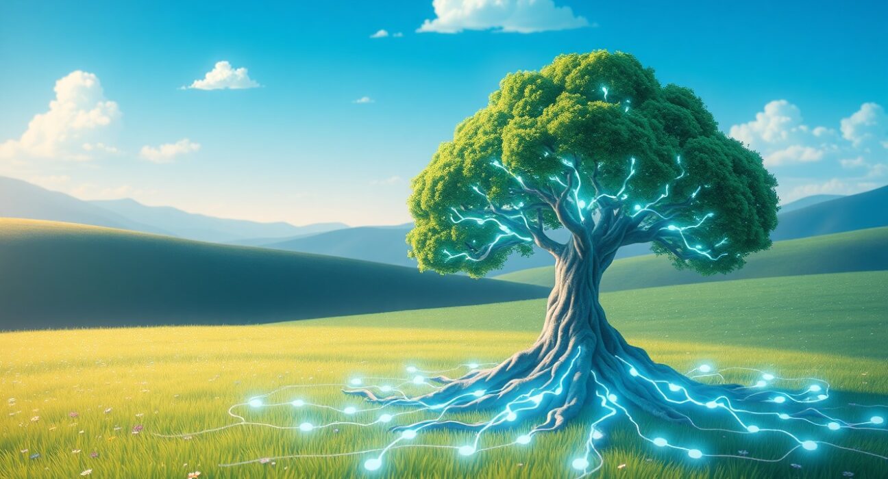 UXLINK staking mechanism visualized as interconnected roots in a Web3 ecosystem.