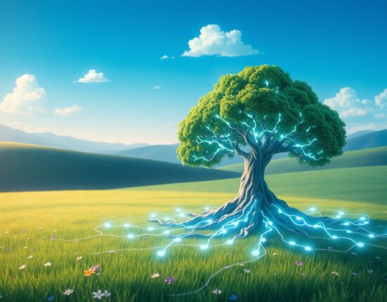 UXLINK staking mechanism visualized as interconnected roots in a Web3 ecosystem.