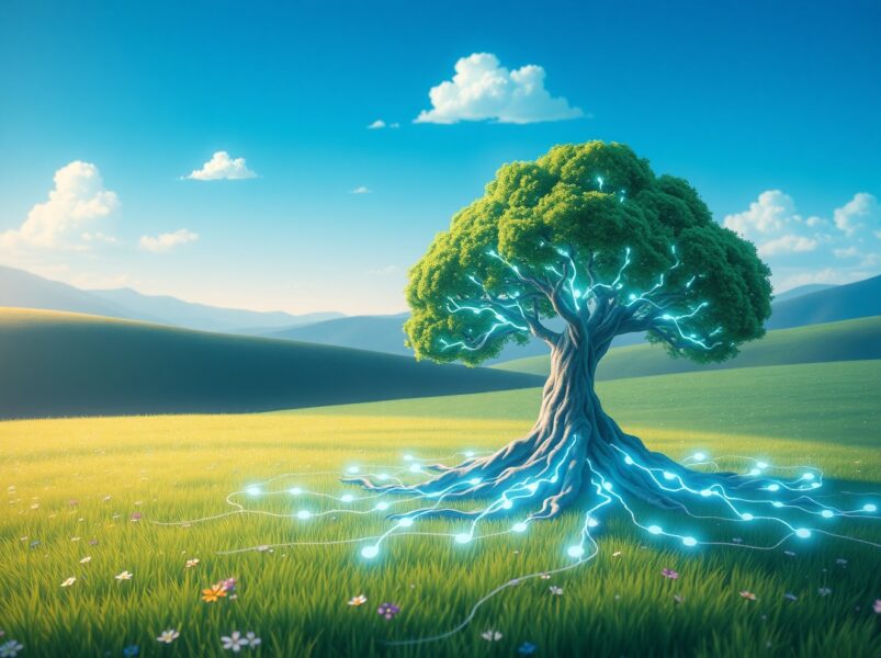 UXLINK staking mechanism visualized as interconnected roots in a Web3 ecosystem.