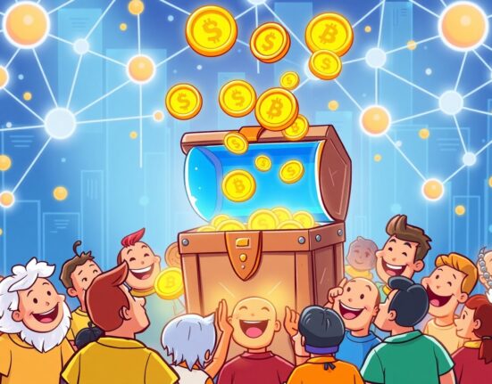 A vibrant cartoon illustrating the UXLINK token buybacks proposal as a community filling a shared treasure chest with value.