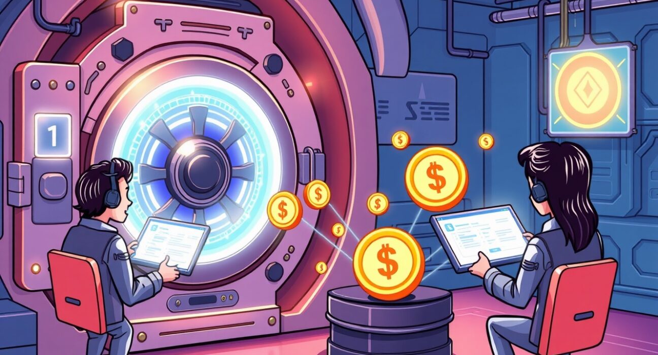Cartoon showing secure digital assets moving, representing the successful UXLink token migration and smart contract audit.