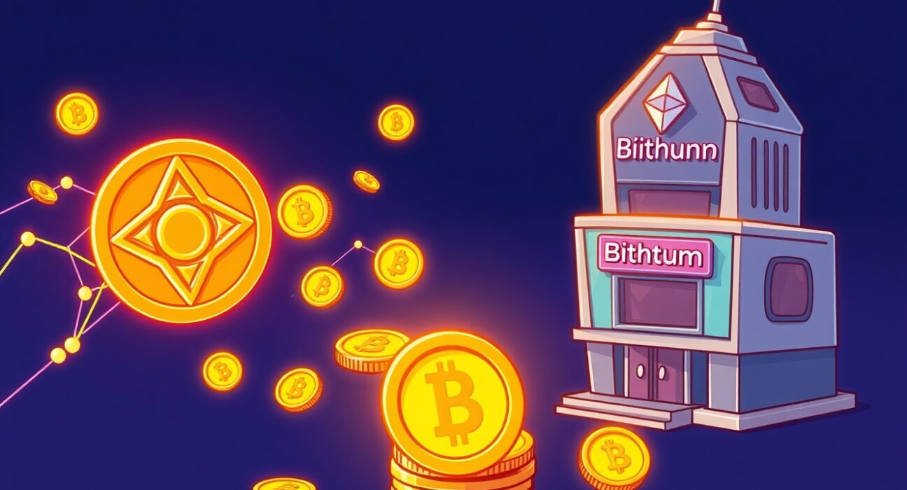 A vibrant cartoon depicting the seamless UXLINK token swap from Arbitrum to Ethereum, facilitated by Bithumb, highlighting the migration process.