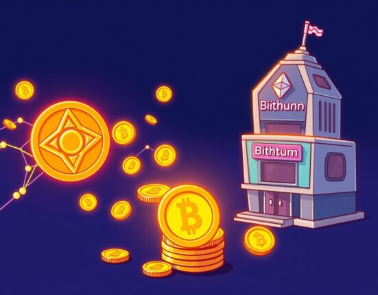 A vibrant cartoon depicting the seamless UXLINK token swap from Arbitrum to Ethereum, facilitated by Bithumb, highlighting the migration process.